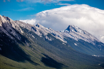 The mountains are covered in snow and the sky is blue