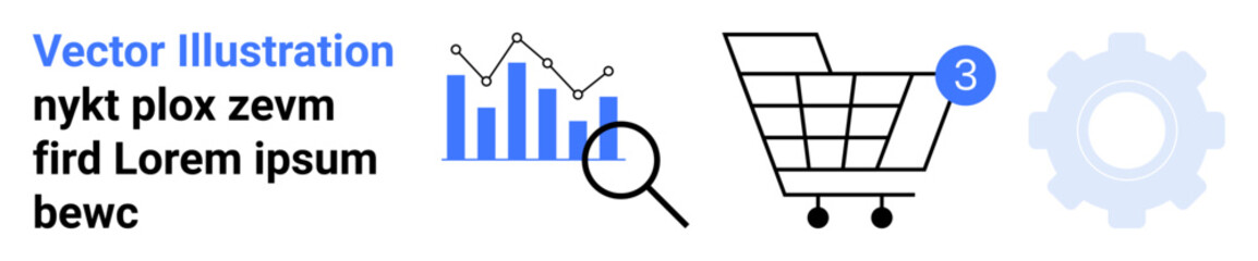 Shopping cart with notification badge, bar chart with magnifying glass, and gear icon. Ideal for e-commerce, analytics, research, settings, data analysis, user interface, and digital marketing