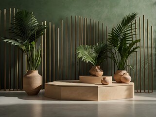 Fototapeta premium Modern Minimalist Interior Design with Plants and Beige Pots