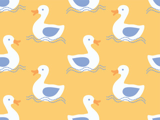 DOODLE CUTE DUCKLINGS SWIMMING IN THE POND IN YELLOW BACKGROUND RUBBER DUCK BATH TUB TOY SEAMLESS PATTERN IN VECTOR