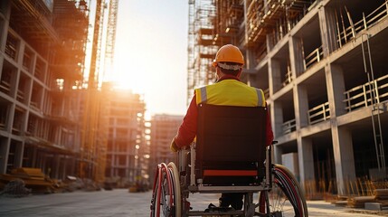 Obraz premium Engineer with Spinal Cord Injury Overseeing Construction Site Progress