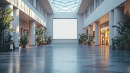 Obraz premium Bright shopping mall with skylight ceiling, central blank advertising panel, potted plants, polished floors, elegant architecture, retail stores, spacious interior, modern design