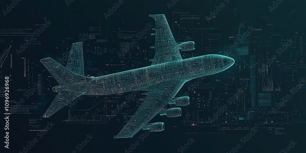 Poster A digital representation of an airplane, showcasing a futuristic design with a network of lines and data elements against a dark background.
