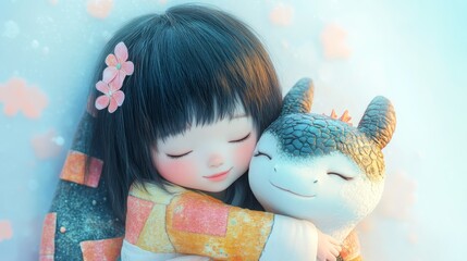 Illustration of little cute girl hug her pet