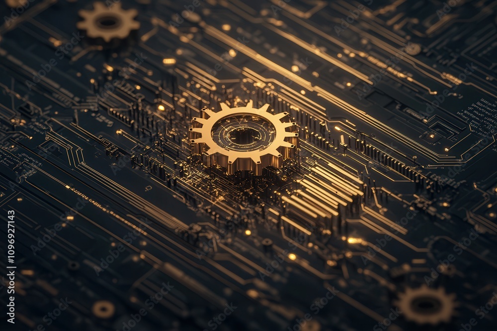 Poster a close-up of a golden gear on a circuit board, blending mechanical and digital elements, symbolizin