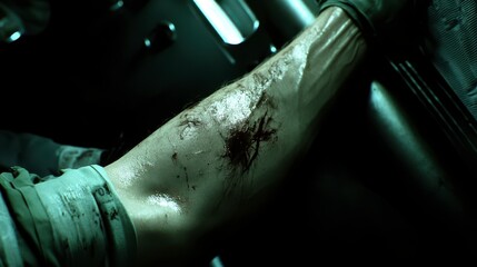 Close-Up of an Injured Arm with Blood and Reflection