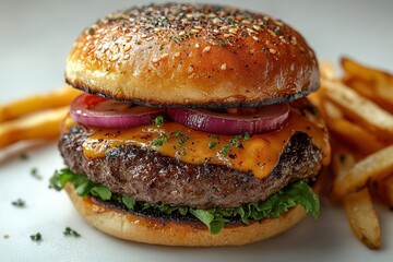 a succulent hamburger stacked high with fresh ingredients and crispy fries on the side, perfectly arranged against a clean white background, showcasing the appeal of fast food