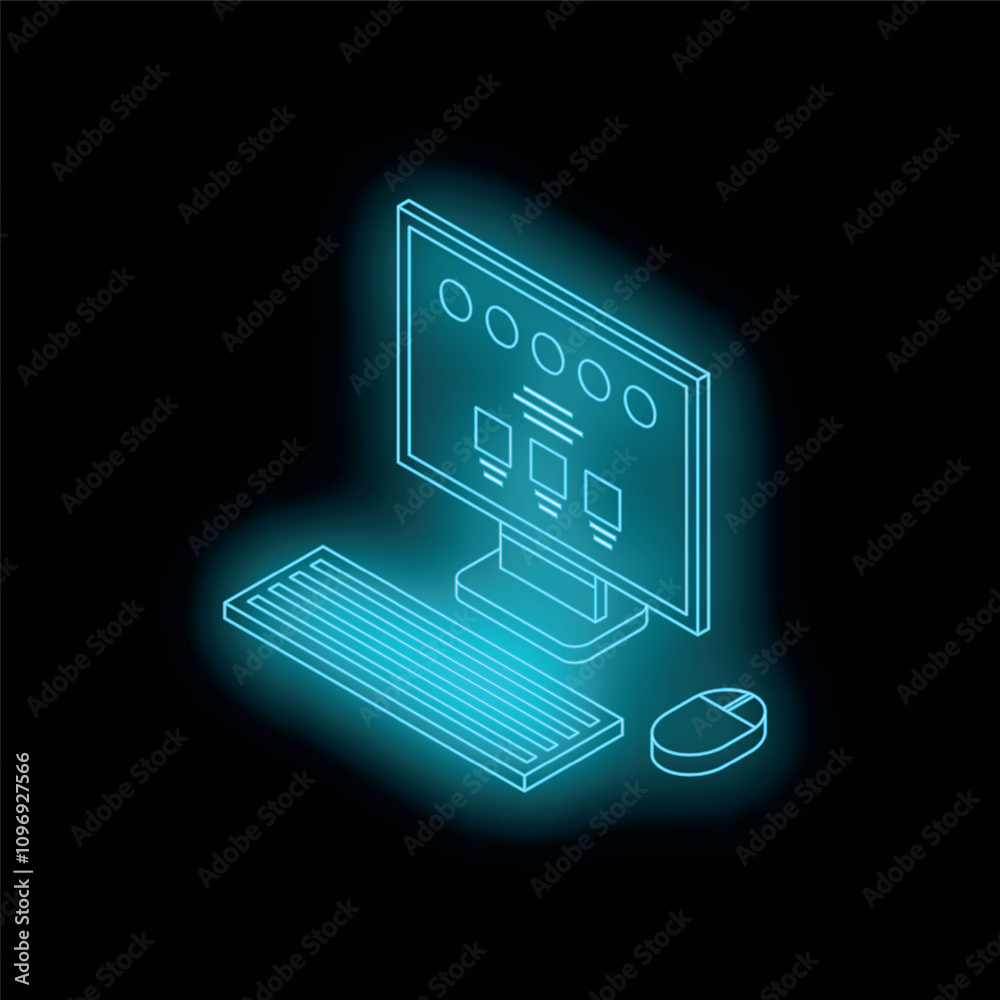 Poster glowing blue desktop computer with keyboard and mouse showing flowchart on screen