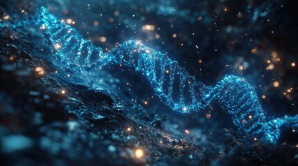 Futuristic glowing blue DNA strand made of particles, dark background, science and biotechnology concept, genetic innovation, molecular structure, high-tech digital visualization