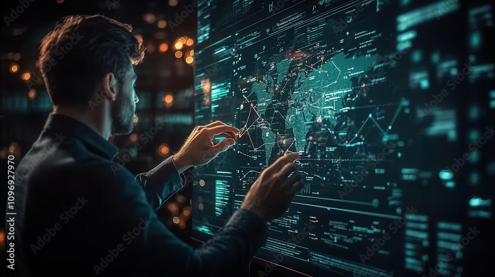 Poster A person interacts with a futuristic digital interface displaying complex data and analytics in a dark environment.