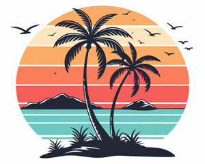 Obraz premium Beach Illustrations, Tropical Sunset with Palm Trees, Beach Paradise Vector Illustration, Sunset Island with Palms and Birds, Sunset Over the Ocean with Palms, Peaceful Beach Sunset Scene