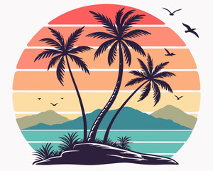 Beach Illustrations, Tropical Sunset with Palm Trees, Beach Paradise Vector Illustration, Sunset Island with Palms and Birds, Sunset Over the Ocean with Palms, Peaceful Beach Sunset Scene