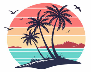 Beach Illustrations, Tropical Sunset with Palm Trees, Beach Paradise Vector Illustration, Sunset Island with Palms and Birds, Sunset Over the Ocean with Palms, Peaceful Beach Sunset Scene
