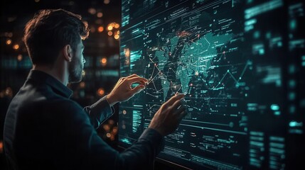 A person interacts with a futuristic digital interface displaying complex data and analytics in a dark environment.