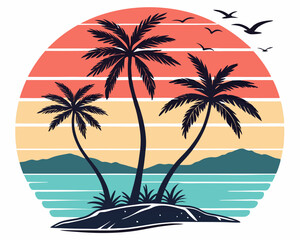 Beach Illustrations, Tropical Sunset with Palm Trees, Beach Paradise Vector Illustration, Sunset Island with Palms and Birds, Sunset Over the Ocean with Palms, Peaceful Beach Sunset Scene