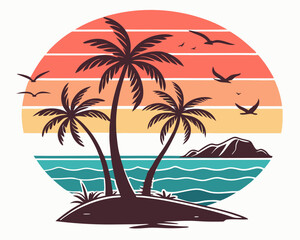 Beach Illustrations, Tropical Sunset with Palm Trees, Beach Paradise Vector Illustration, Sunset Island with Palms and Birds, Sunset Over the Ocean with Palms, Peaceful Beach Sunset Scene