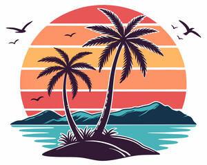 Beach Illustrations, Tropical Sunset with Palm Trees, Beach Paradise Vector Illustration, Sunset Island with Palms and Birds, Sunset Over the Ocean with Palms, Peaceful Beach Sunset Scene
