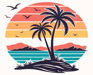 Beach Illustrations, Tropical Sunset with Palm Trees, Beach Paradise Vector Illustration, Sunset Island with Palms and Birds, Sunset Over the Ocean with Palms, Peaceful Beach Sunset Scene