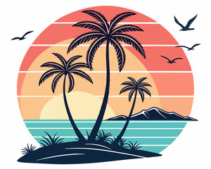 Beach Illustrations, Tropical Sunset with Palm Trees, Beach Paradise Vector Illustration, Sunset Island with Palms and Birds, Sunset Over the Ocean with Palms, Peaceful Beach Sunset Scene