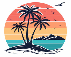 Beach Illustrations, Tropical Sunset with Palm Trees, Beach Paradise Vector Illustration, Sunset Island with Palms and Birds, Sunset Over the Ocean with Palms, Peaceful Beach Sunset Scene