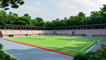 Obraz premium modern sports facility featuring zero energy design, surrounded by greenery