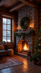 Fototapeta premium Rustic Cabin Interior With Christmas Decorations and Snowy Window View