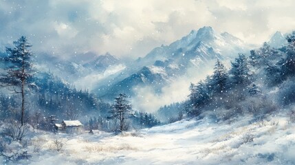 Snowy Mountain Landscape With Cabin In Winter