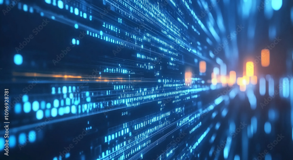 Poster Dynamic digital data streams create an illusion of speed and technology in a blue and orange abstract composition