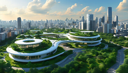 Innovative zero energy hub surrounded by vibrant cityscape