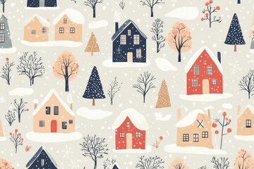 Charming Winter Village Seamless Pattern - Cozy snow covered houses, winter trees, falling snow, festive village scene, holiday pattern.