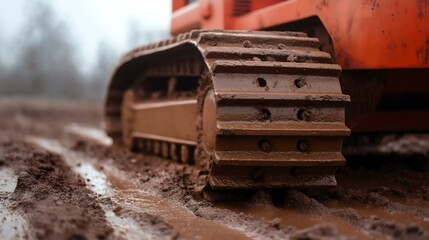 Close-up of a muddy construction vehicle track, showcasing the rugged texture and durability needed for tough terrains.