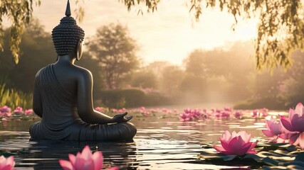 Buddha statue meditating by a serene lake surrounded by blooming lotus flowers at sunrise in a peaceful setting