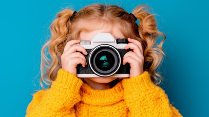 Little Photographer:  A young girl with pigtails holds a vintage camera up to her face, her eyes peering through the lens with curiosity and wonder.