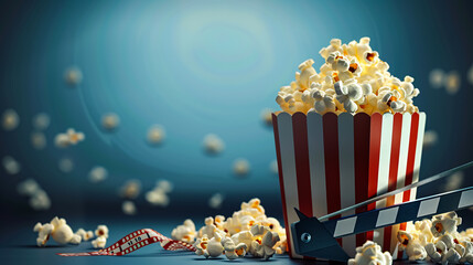 Blank cinema promo card or ticket, popcorn, filmstrip, and clapper; movies and entertainment concept.