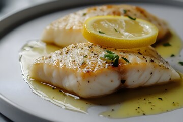 Filets de poisson au beurre blanc on a sleek white plate, topped creamy sauce, resting on a modern kitchen worktop