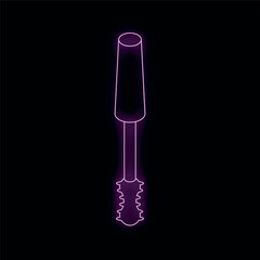 Glowing neon icon representing a mascara brush applicator with wand, isolated on a black background