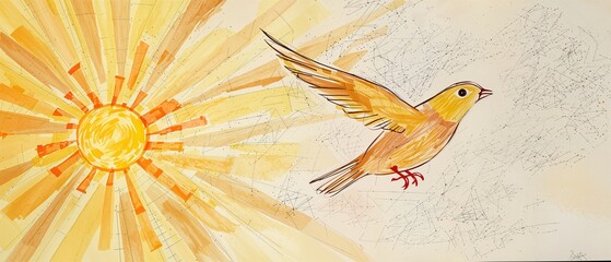 Obraz premium Aspiration's Flight - Abstract Bird Flight And The Sun In Orange, Yellow, Brown, Ambition, Freedom, Goal, Hope
