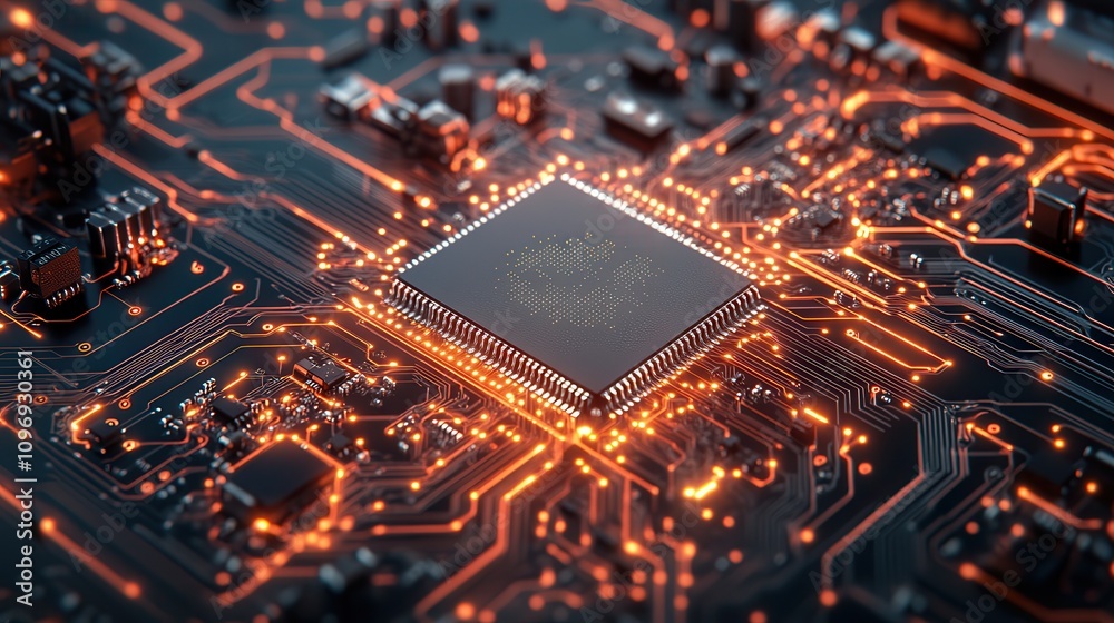 Fototapete A close-up view of a circuit board featuring a central microchip surrounded by glowing connections, showcasing modern technology.