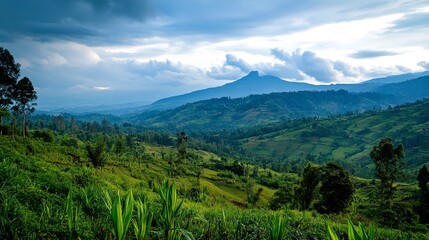 Obraz premium Sunlit clouds above a lush green valley, expansive and tranquil cloudscape