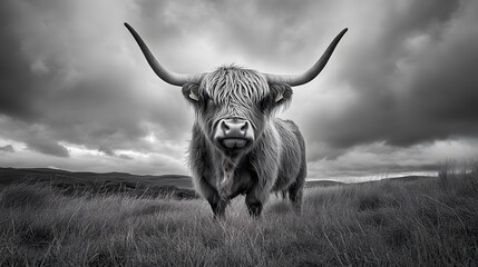 Highland cow with long horns standing in a field, looking directly at the camera.