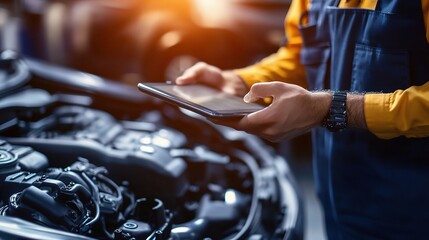 Engineer Inspecting Engine with Tablet in Automotive Workshop
