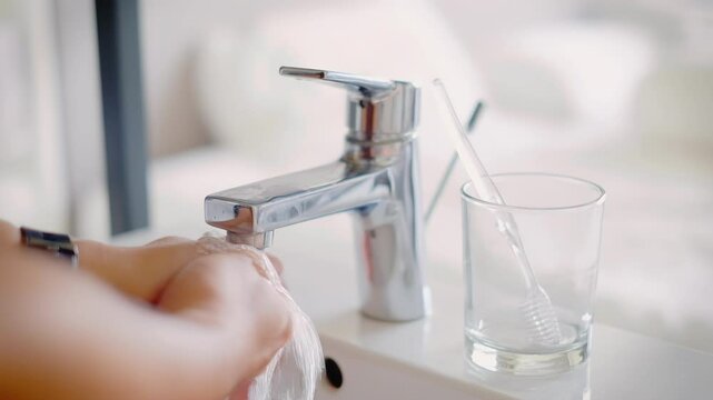 Close up shot of turning on faucet and washing hands in a basin or bathroom sink