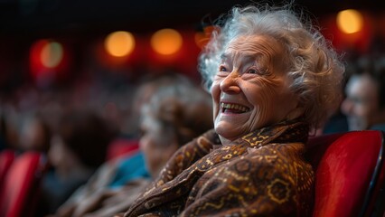 Obraz premium Heartwarming Candid of Elderly Woman Laughing During Comedy Show in a Packed Theater – Joy and Happiness Captured