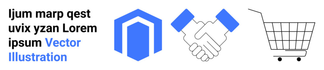 Modern blue abstract logo, handshake icon, and shopping cart. Ideal for business cooperation, e-commerce, partnerships, startups, online shopping, corporate identity. Banner for the landing page