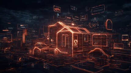 A futuristic cityscape featuring glowing orange outlines of buildings, representing a digital and technological environment.