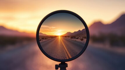 A cinematic reflection of a road and mountains seen through the lens of a DSLR camera on a tripod