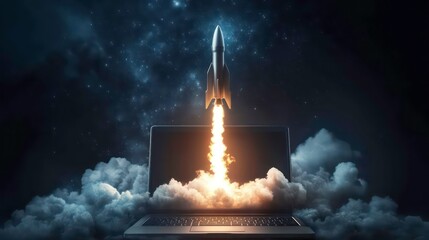 A silver rocket ship launches from a laptop screen against a starry night sky.