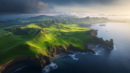 Aerial view of rugged coastal landscape with greenery
