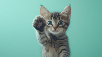 Adorable kitten action indoor setting cat content pastel background front view cute concept for pet lovers