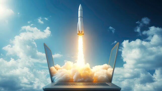 A rocket launching from a laptop computer with clouds in the background.